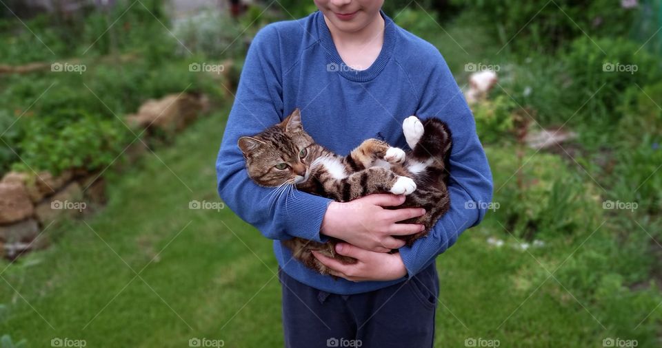 a boy with a cat on his hands