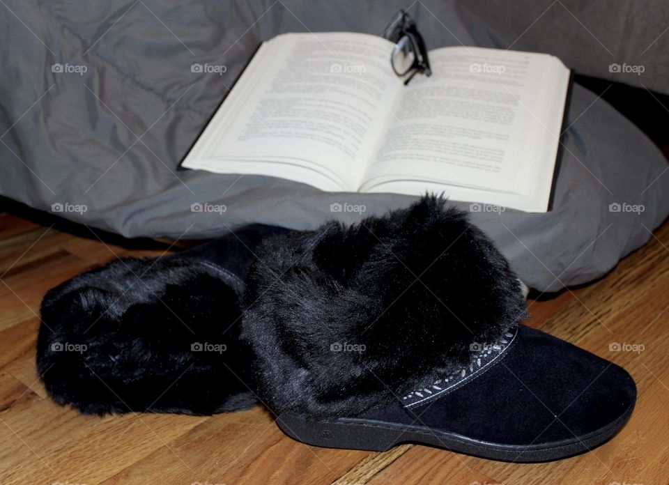 Book, glasses, and Black Faux Fur Slippers 