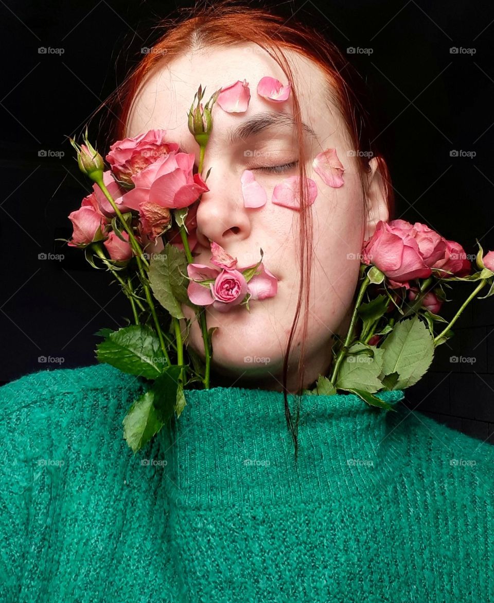 Original portrait with pink flowers