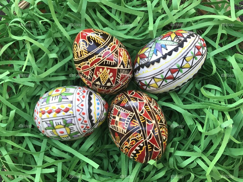 Four traditional decorated eggs for a classic Easter 