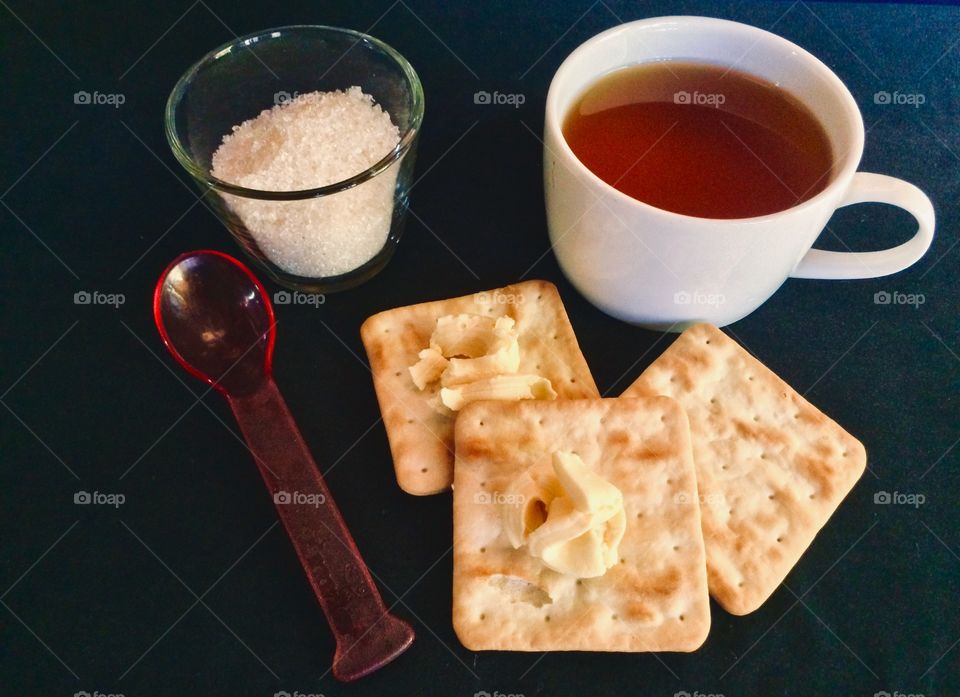 #Breakfast, Morning, Hot Tea, Biscuits, Sugar, Spoon, Cup