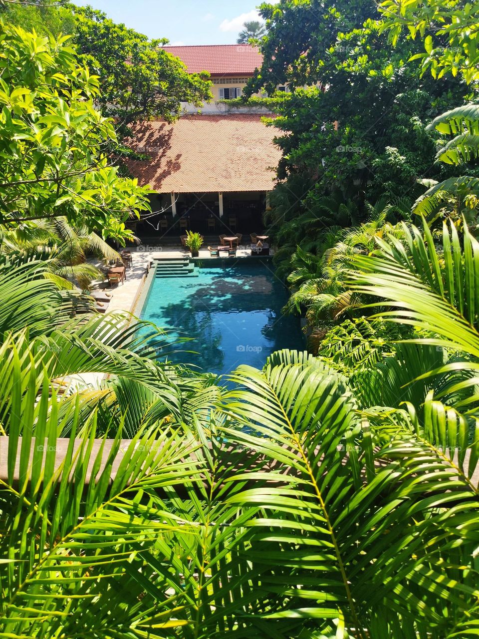 Looking at pool from above at a boutique hotel in Phnom Penh Cambodia