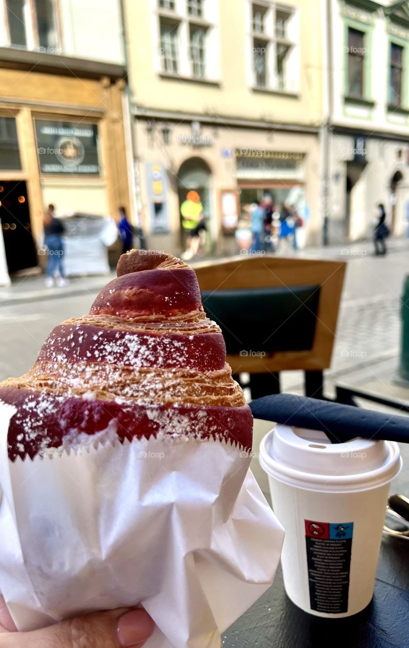 Ideal breakfast in the morning. Coffee with croissant