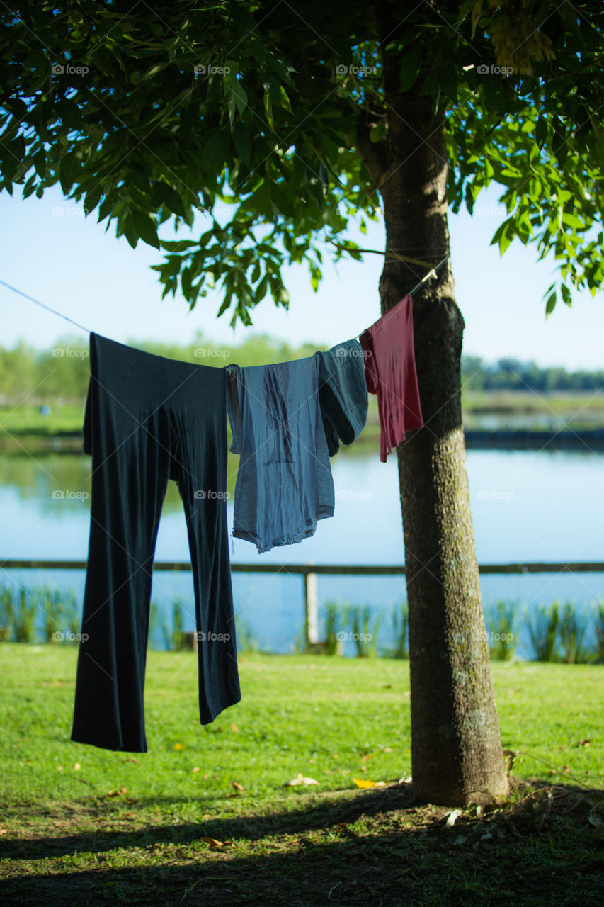 Clothes on string for drying