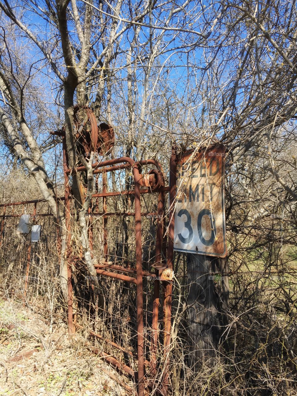 Rusty sign and gate. 