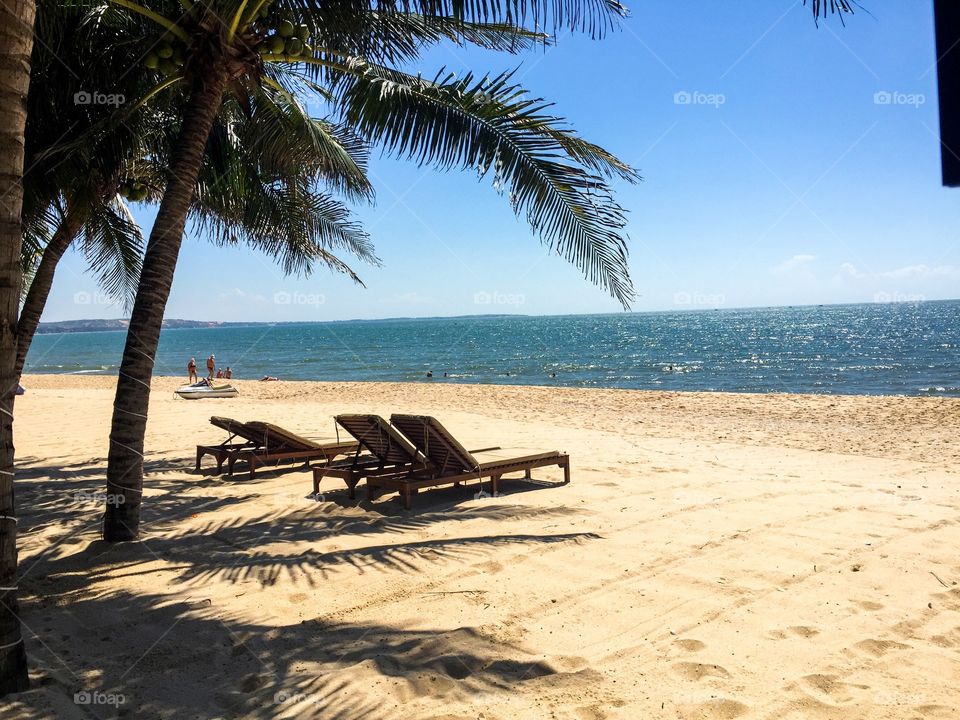 on a sunny beach, golden sand , blue sky and blue sea water, with some chairs to lie on, next to a few coconut trees to shade . In the distance there is a canoe lying on the sand and there are some people..