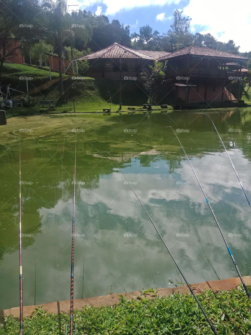 Fishing rods at a pond, reflection in the water, sky, clouds