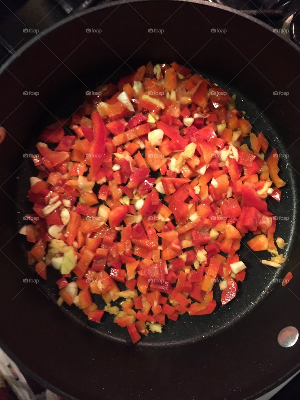 Chopped peppers in the pan