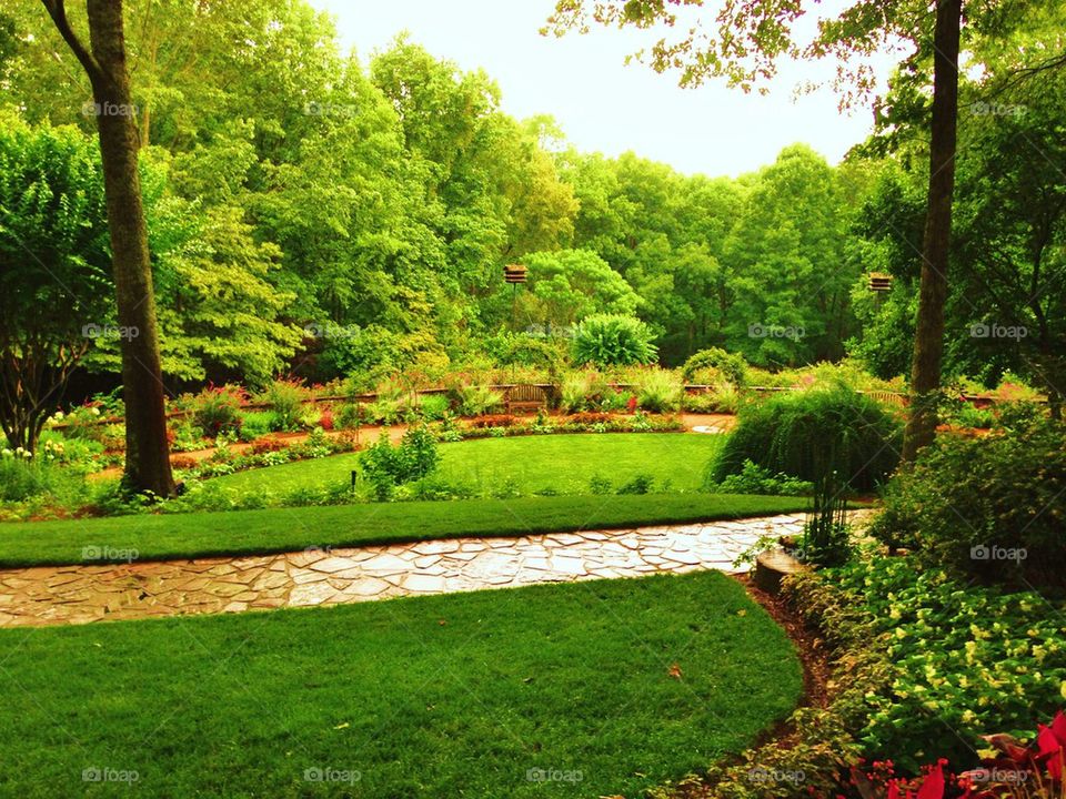 Park bench in flower garden