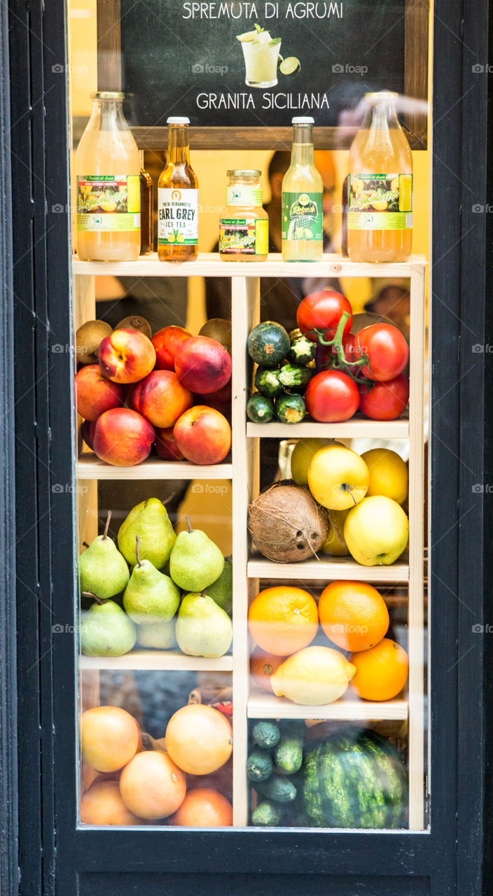 Fresh Fruits, Vegetables And Juices In Shop Window
