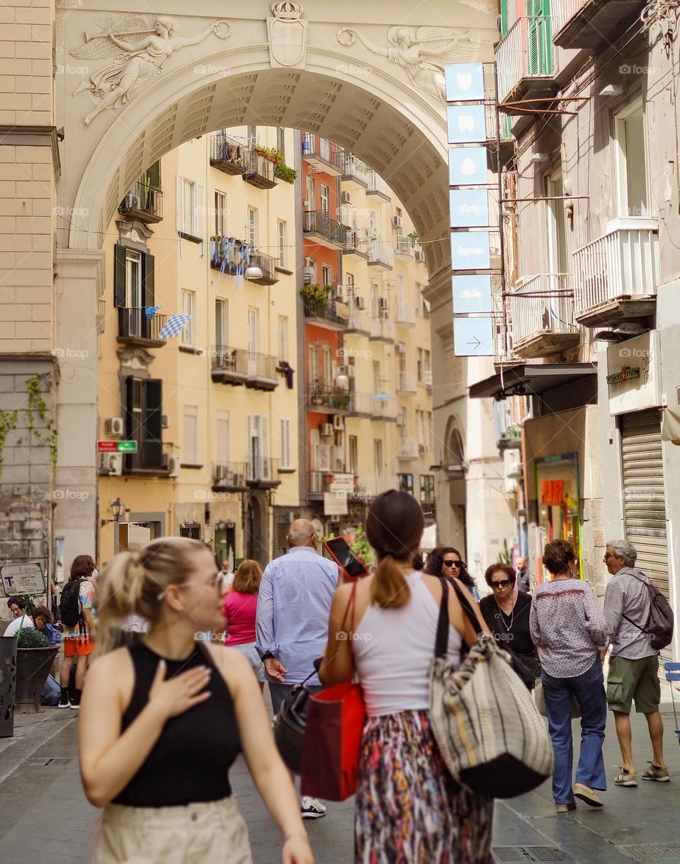 Tourist crowd on a hot street in Naples