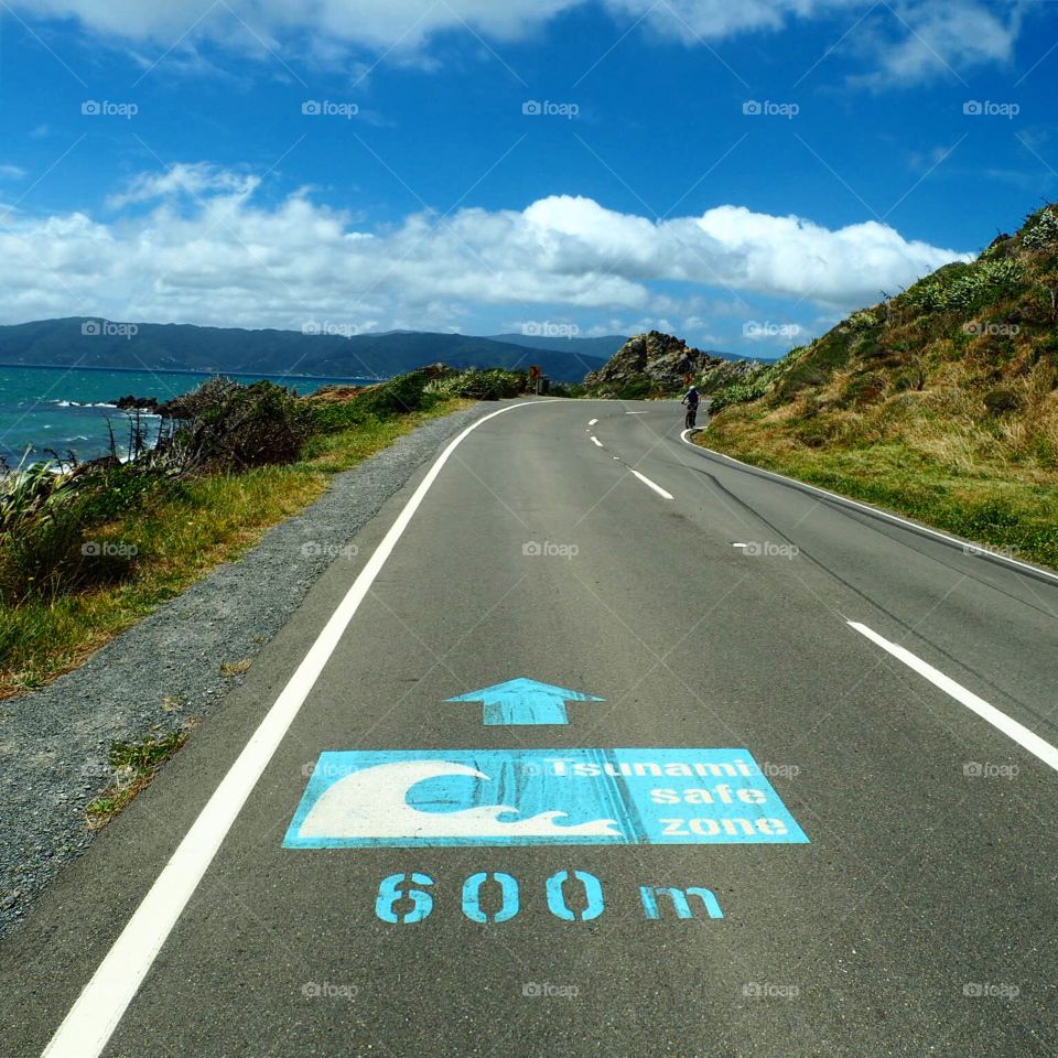 Tsunami warning sign on beach road, NZ