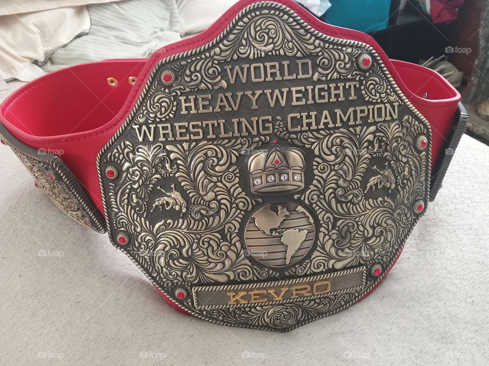 replica wrestling belt. big gold, Fandu, antique gold finish, red stones, red strap, customization.