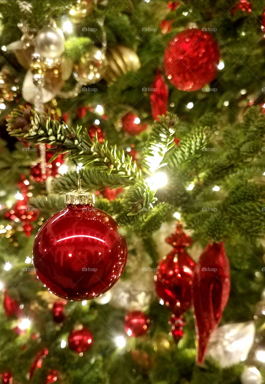 Red ornaments on a Christmas tree