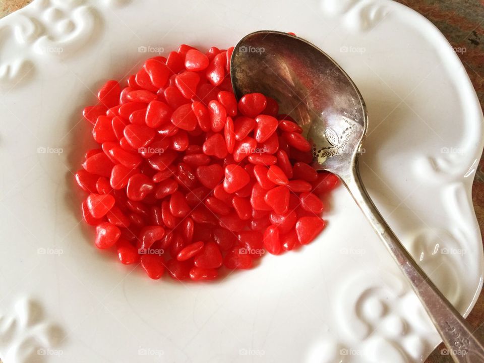 Bowl of red heart candies