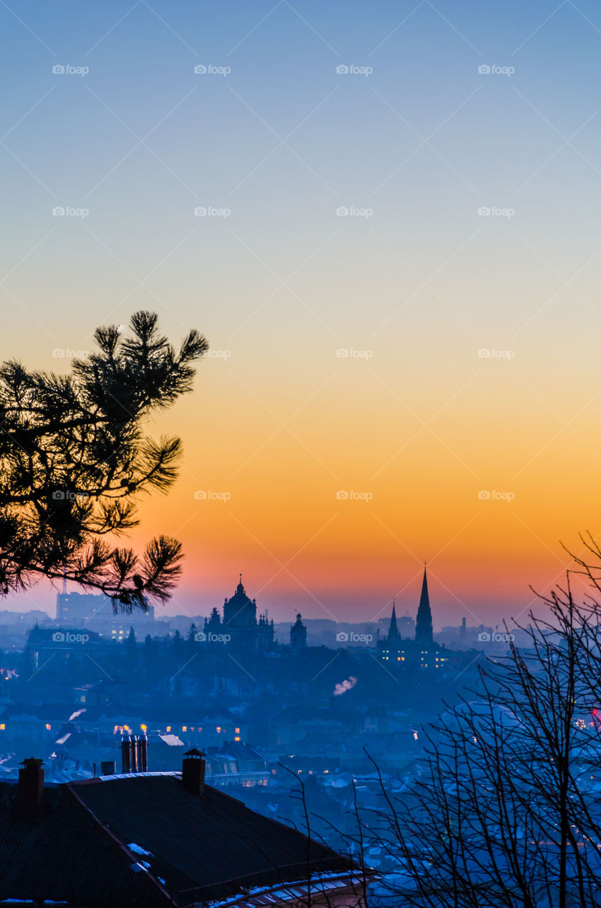 Lviv cityscape during the sunset