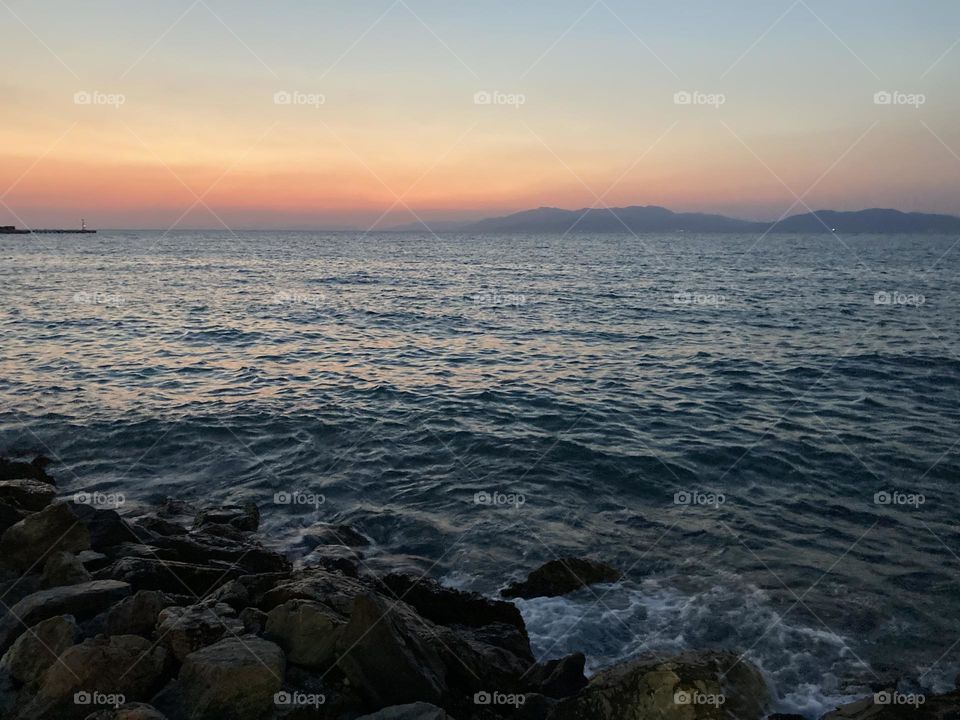 Sunset in Kusadasi, Turkey. Beautiful summer time views during holidays. Gorgeous nature and landscapes. 