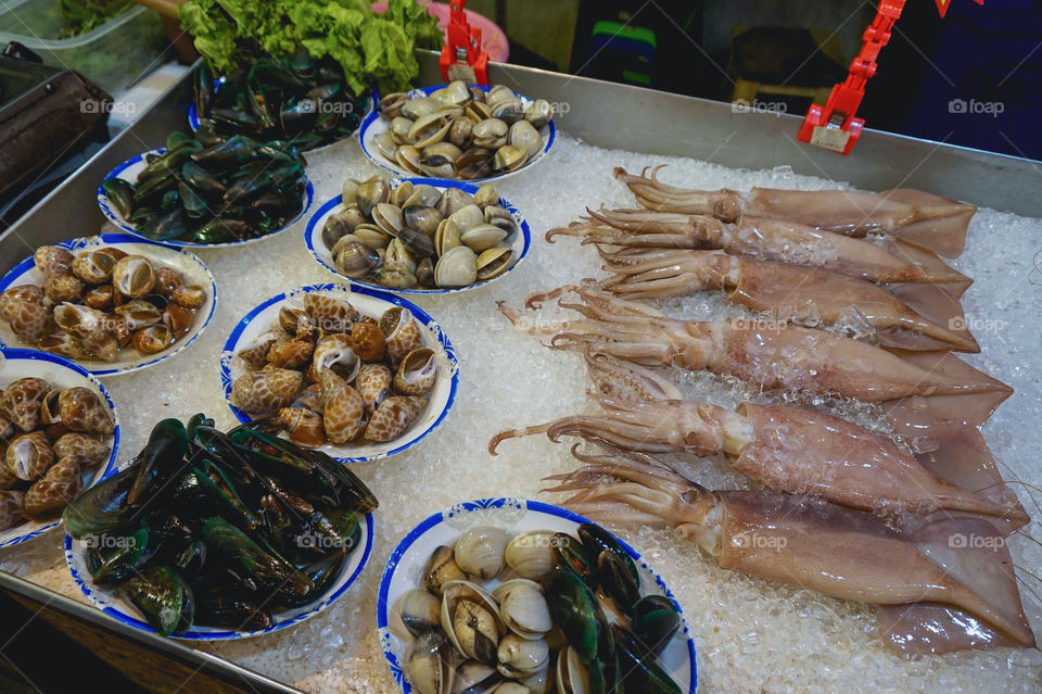 Fresh seafood on ice at a Thai night market, Chiang Mai 