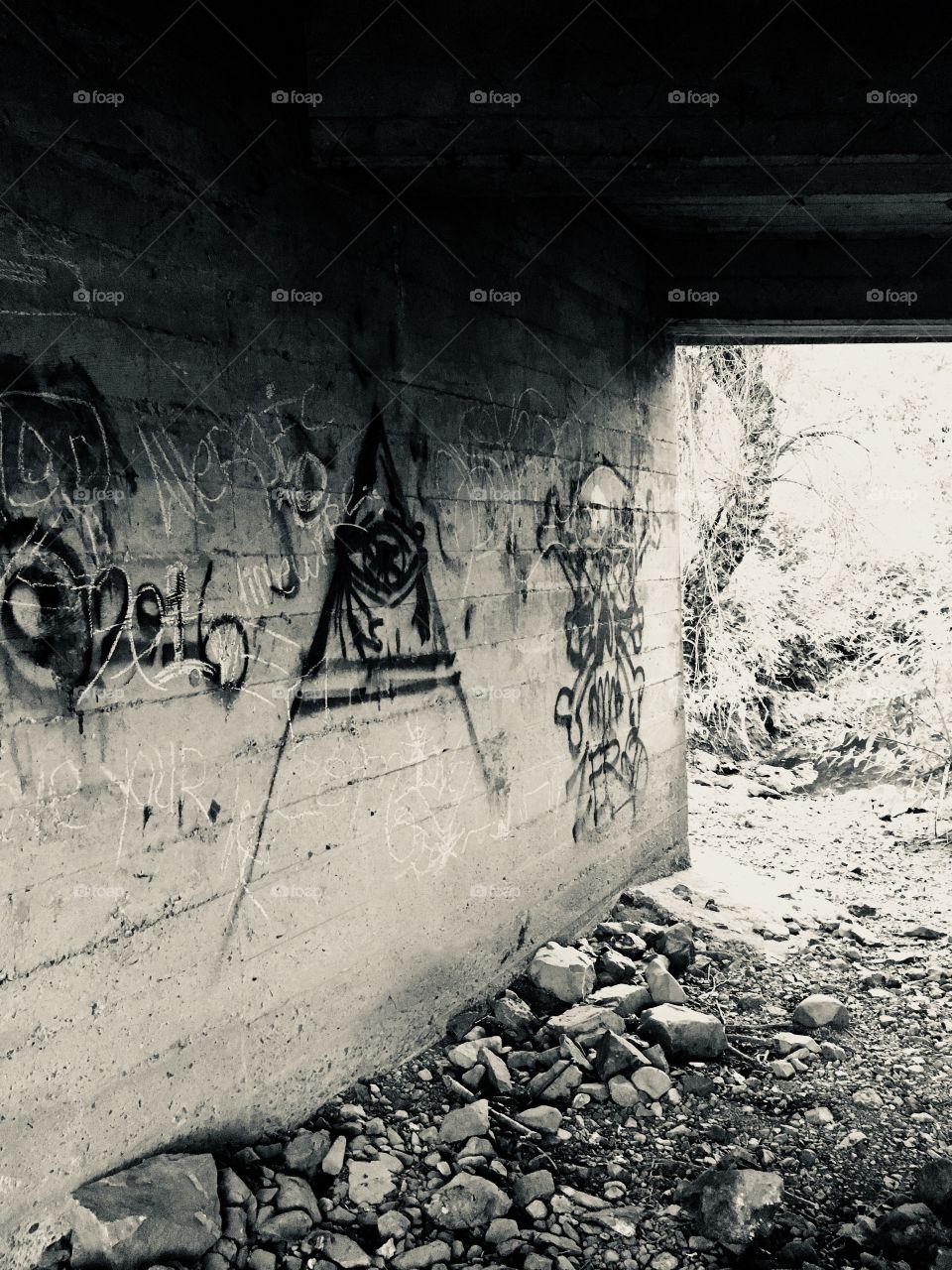 A black and white prospective of bridge graffiti 