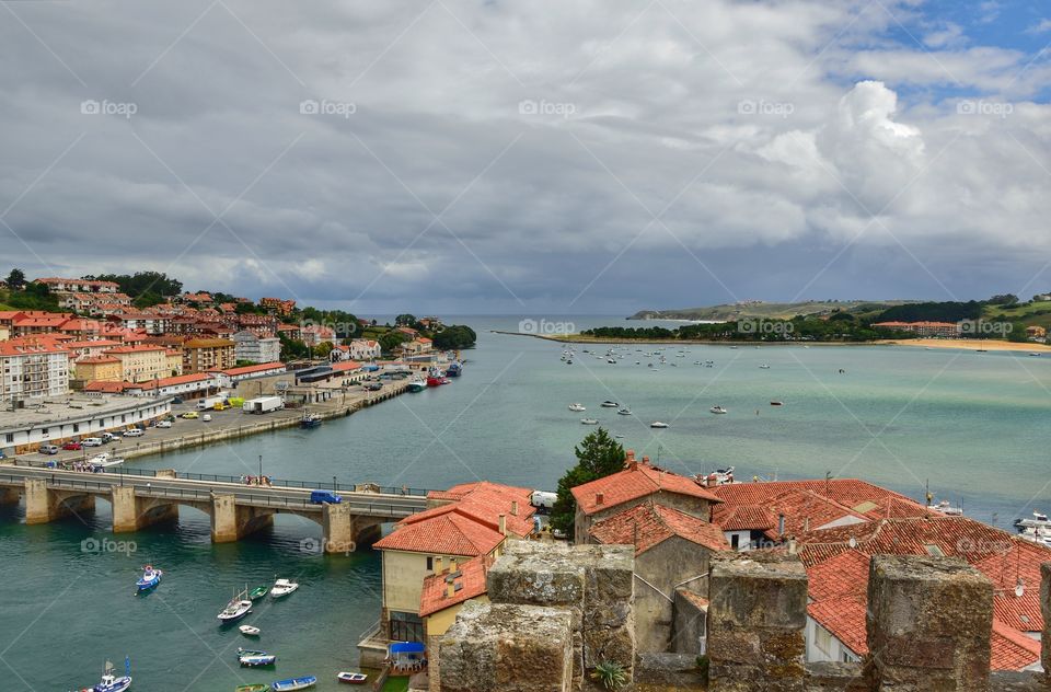 View of the harbour and scenery around San Vicente de la Barquera from the King's Castle, Cantabria, Spain.