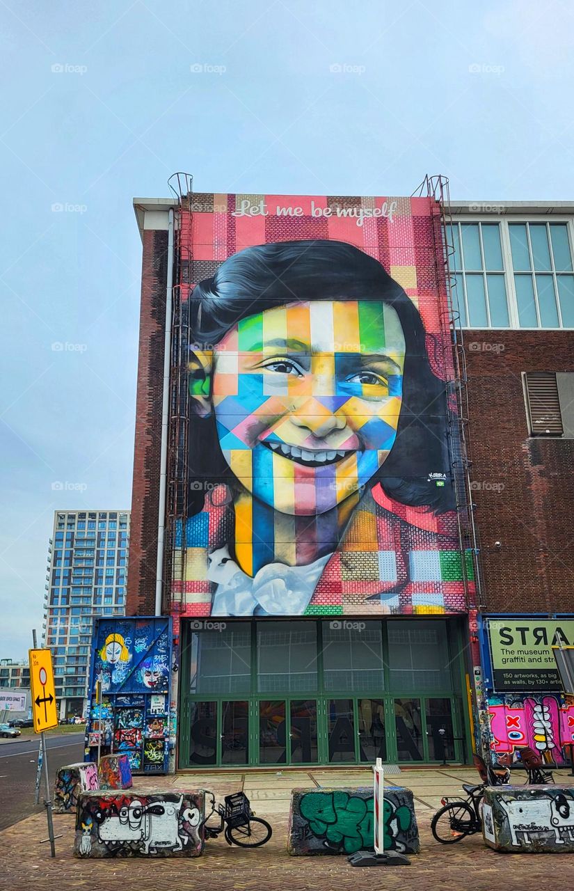 Anne Frank, wall painting in colors, NDSM Amsterdam, The Netherlands