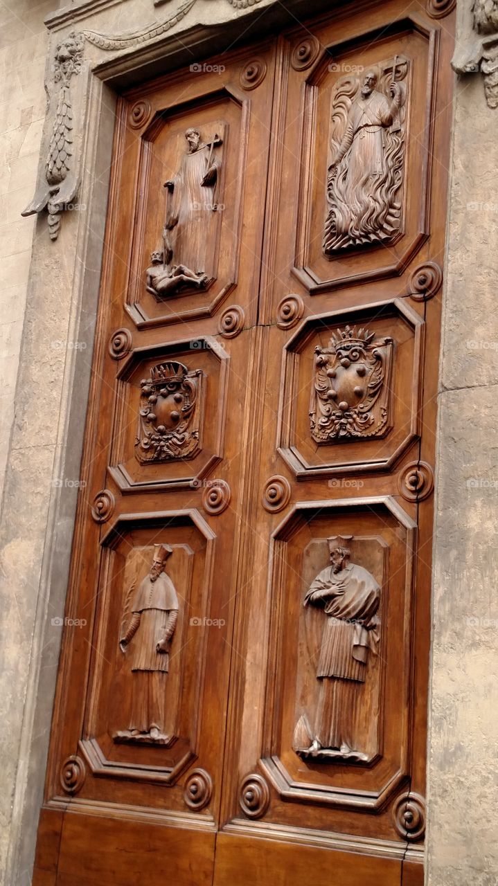 Carved wooden doors, Florence, Italy