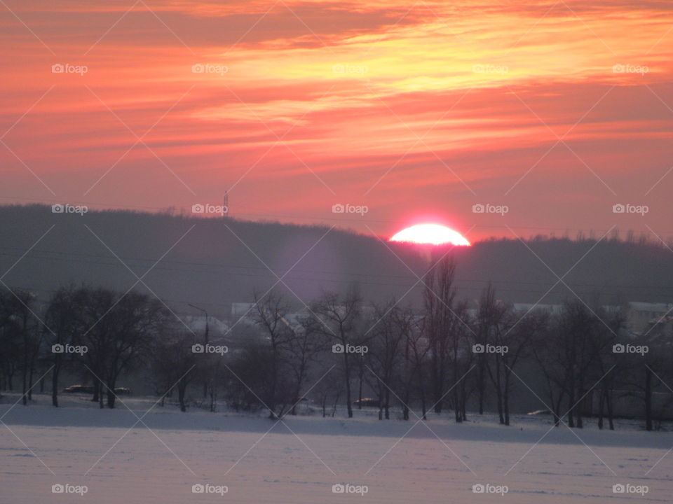 sunset in winter in Central Russia, Voronezh, January, Epiphany frost