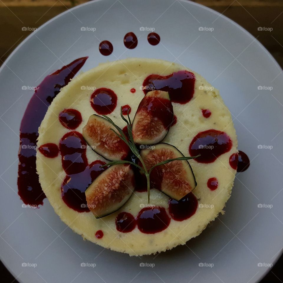 Rosemary Lavender Goat Cheesecake with figs & blackberry sauce