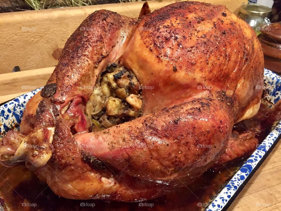 Stuffed & oven roasted farm raised free range Turkey. Perfectly cooked with crispy skin and very tender meat. Bring on the gravy & mashed potatoes!