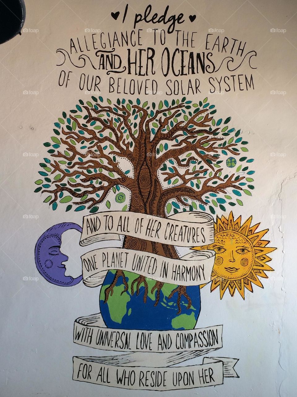 "I pledge allegiance to the Earth and her oceans of our beloved solar system..." an interesting wall decorations in an eco-theme cafe somewhere on Lembongan island, near Bali, Indonesia. 