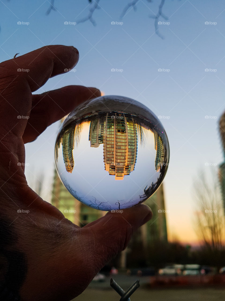 building in glass sphere