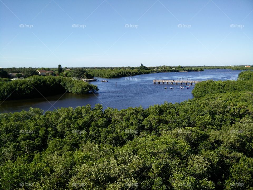 Distant view of people kayaking on idyllic river