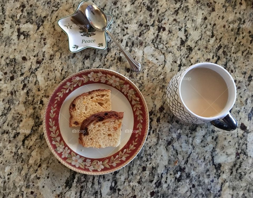 Warming up with tea and candied-fruit bread- yum!