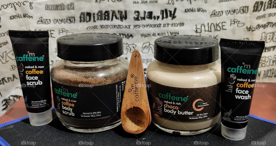 mcaffeine naked & raw body coffee body scrub, choco body butter, coffee face wash and face scrub.