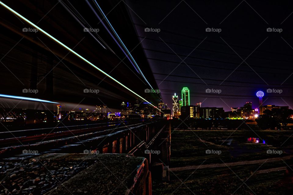 Midnight train leaving Downtown Dallas Texas