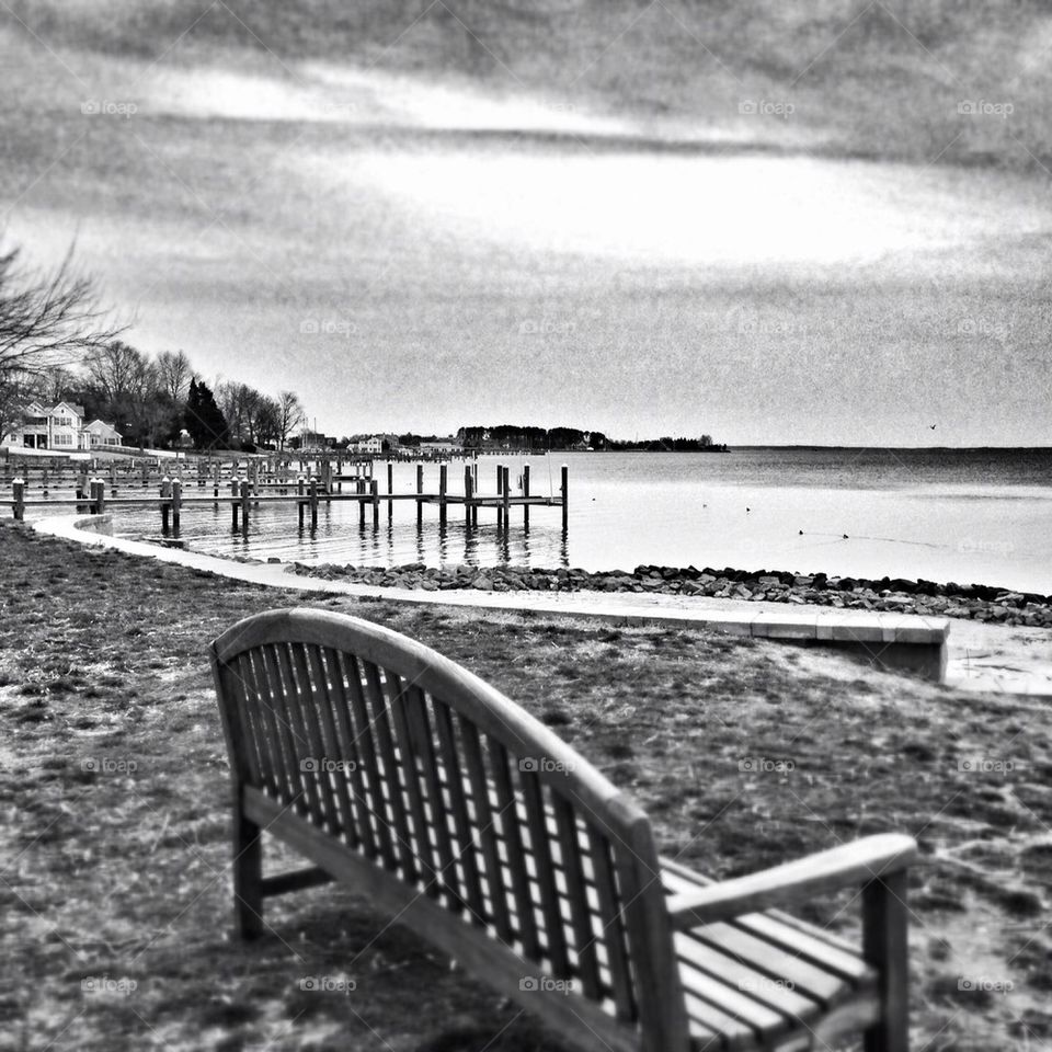 Park bench by the water