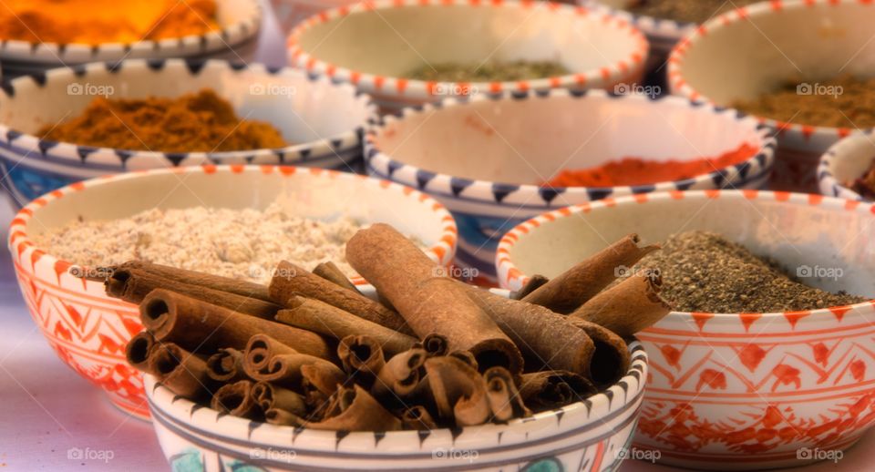 bols of spices used to cook traditional food