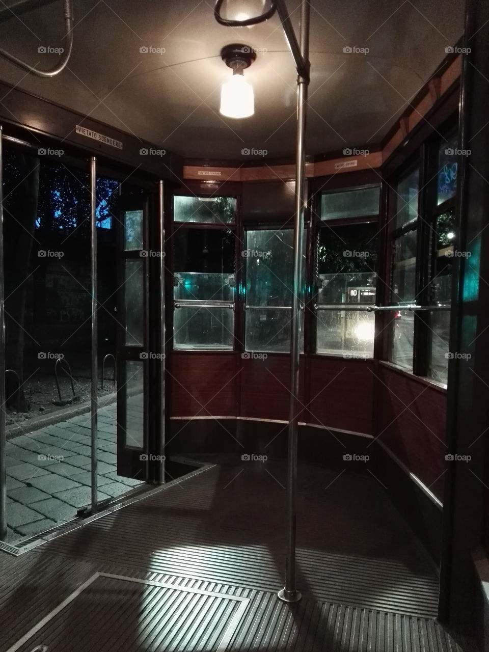 Vintage streetcar by night
