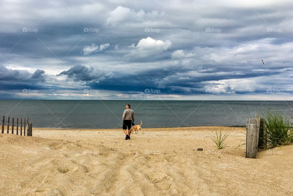 Walking dog on the dunes with a storm over the ocean. 