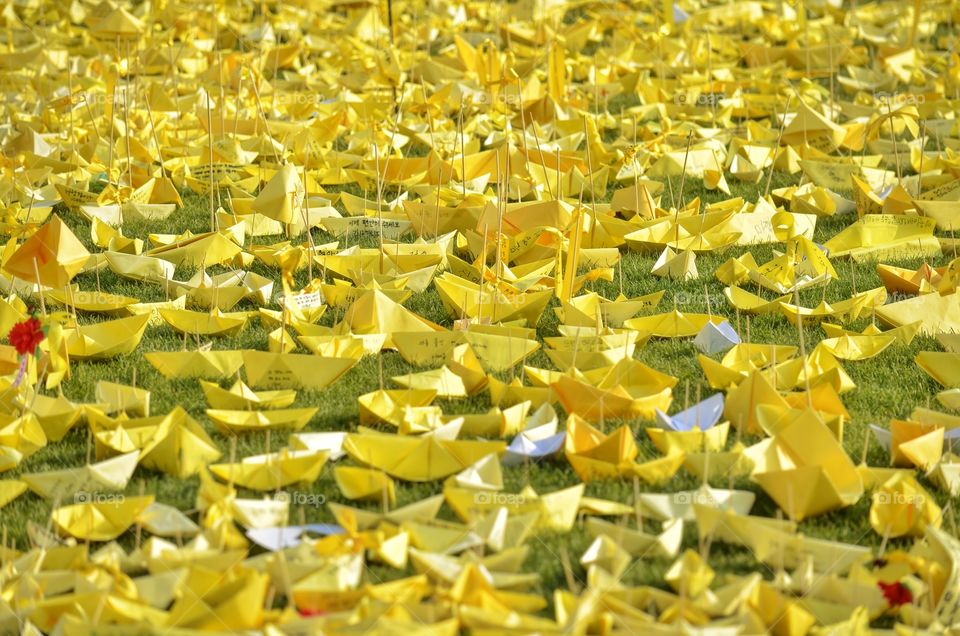 Thousands of yellow papier boats 