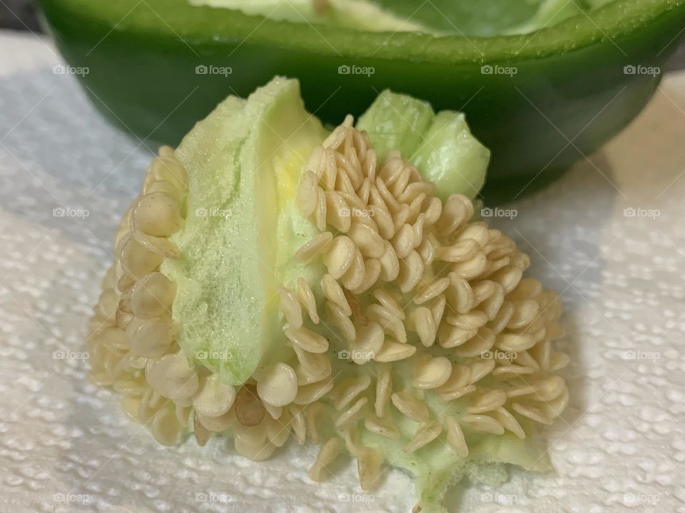 Best Macro Shot - Cluster of Seeds from a crunchy dark Green Bell Pepper.