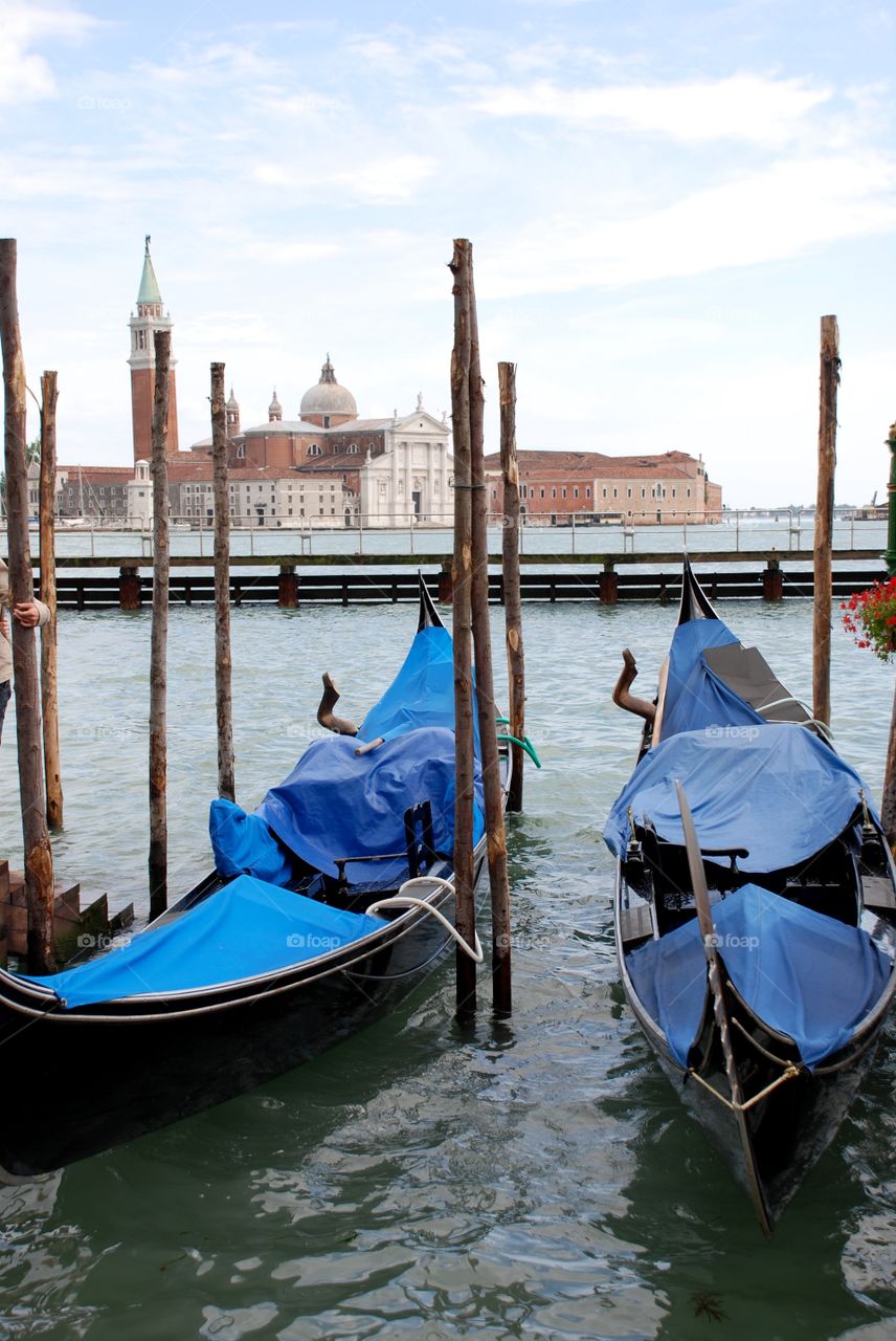 Gondolas parked in Venice. 
