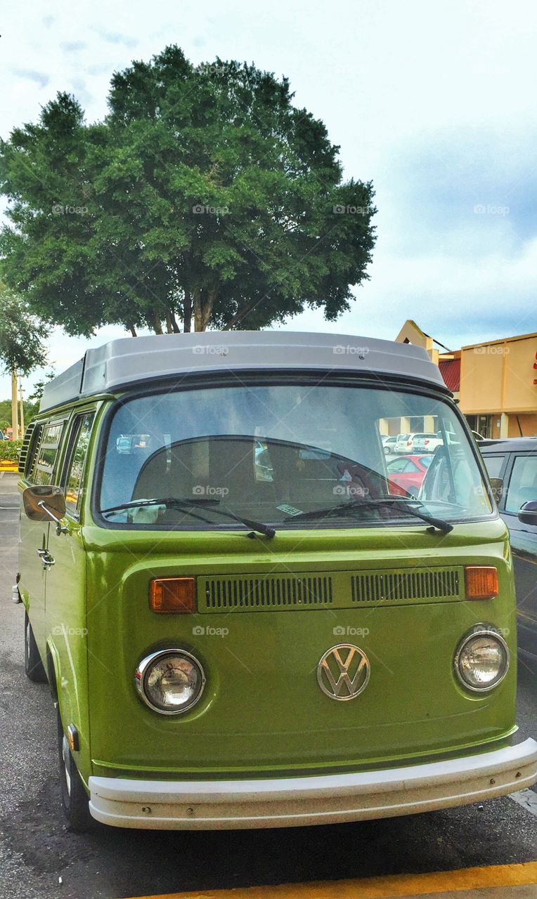 VW Bus. A green VW bus