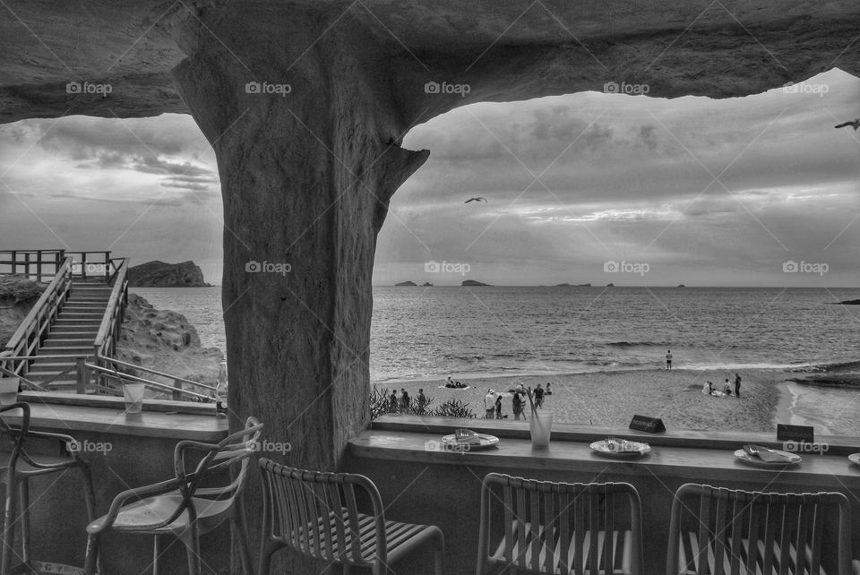 Beautiful views of the sea from the interior of an enigmatic Ibizan restaurant.