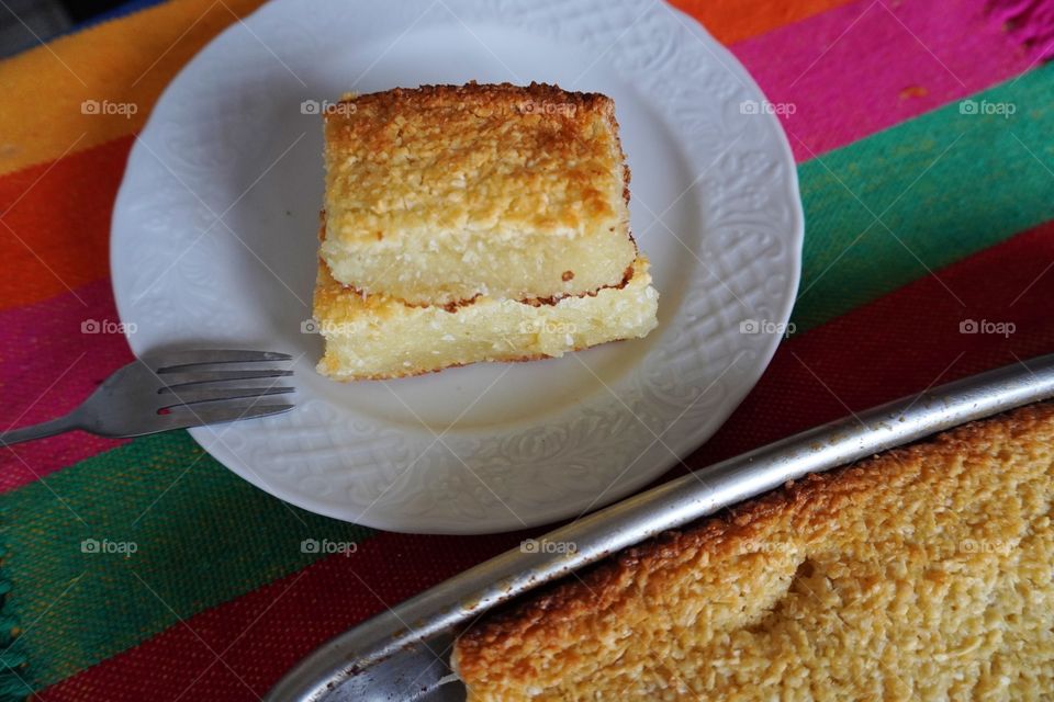 Cassava cake, a traditional recipe from northeastern Brazil. Manihot esculenta, commonly called cassava is a woody shrub native to South America