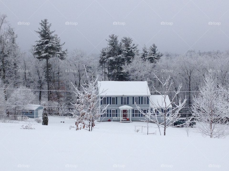 Scenic view of house on snowy landscape