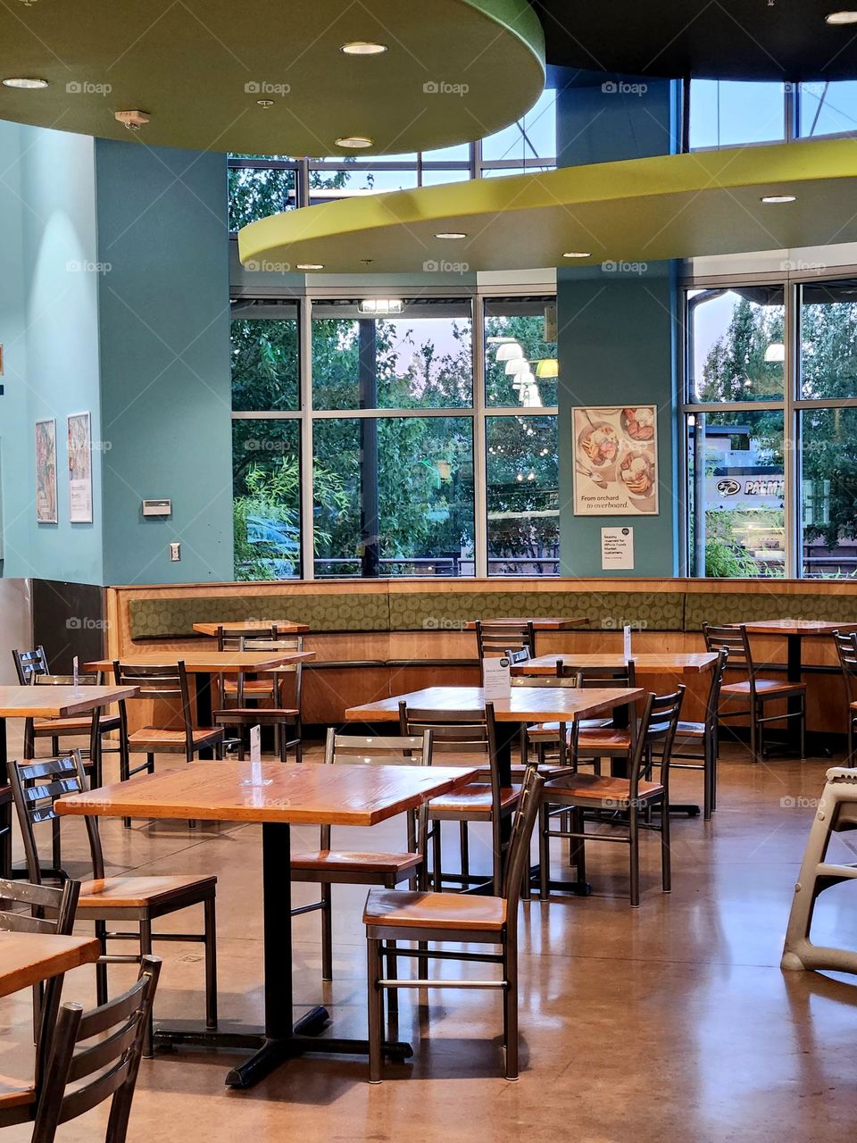 indoor chairs and tables in a setting of bold color walls in an Oregon grocery market cafe