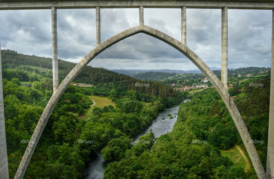 Nature vs Architecture. View of the river Ulla from Miradoiro de Gundián, with the new high-speed train bridge in the foreground.