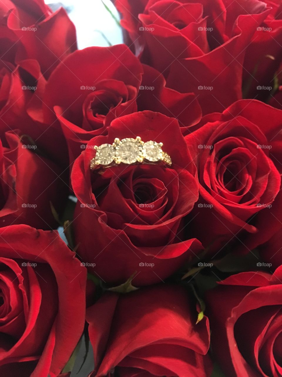Bouquet of roses with gold engagement ring