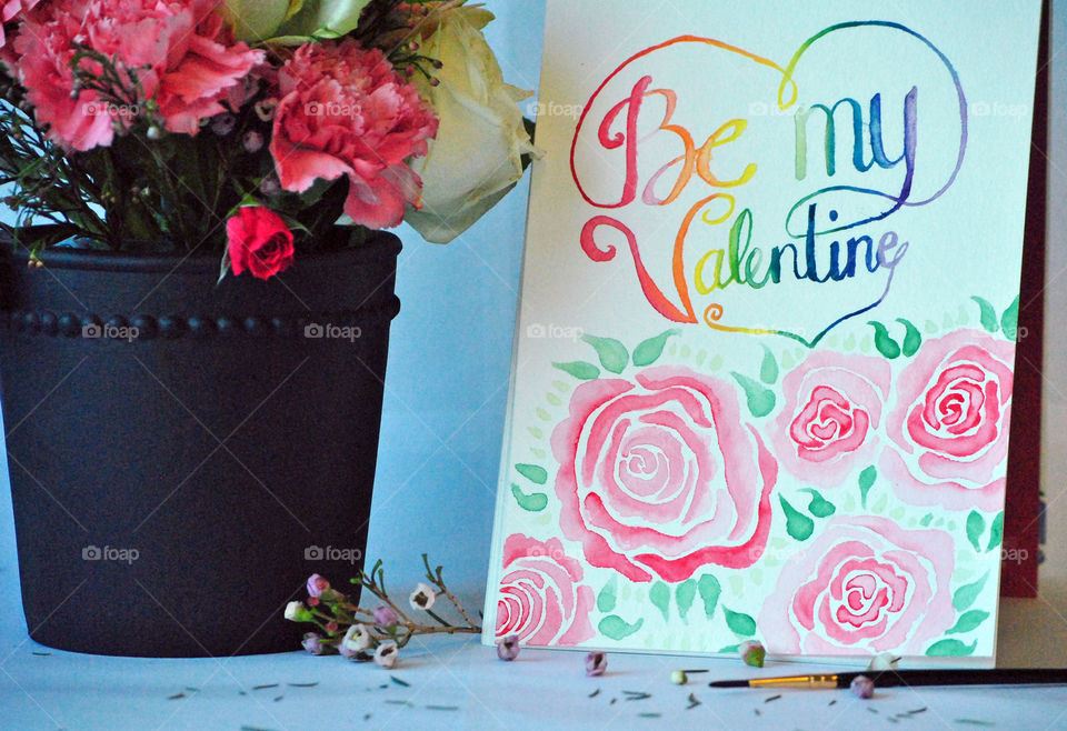 Be My Valentine, Hand painted card, rainbow, lettering, watercolor, floral centerpiece